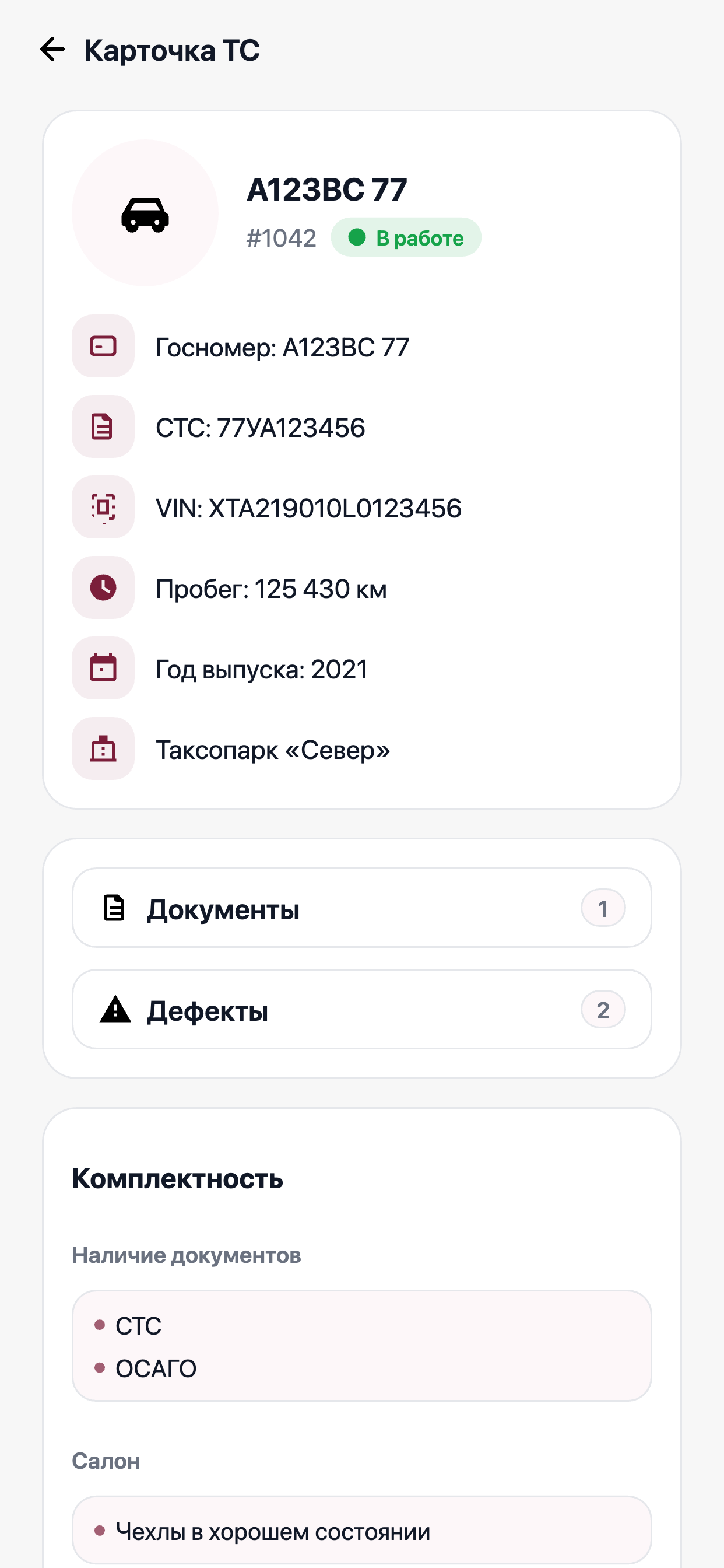 Карточка ТС: документы, дефекты и комплектация